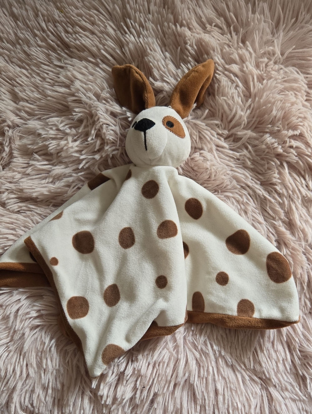 Baby Plush Cream & Brown Dog Comfort Blanket Lovie with Bunny Head 12 X 12 In